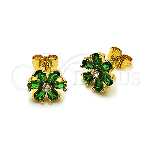 Oro Laminado Stud Earring, Gold Filled Style Flower Design, with Green and White Cubic Zirconia, Polished, Golden Finish, 02.344.0177.1