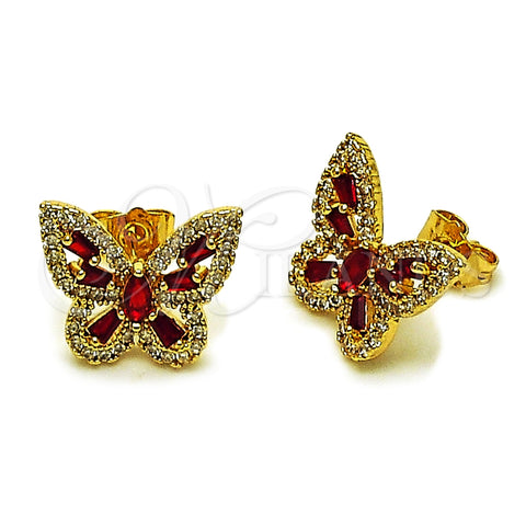 Oro Laminado Stud Earring, Gold Filled Style Butterfly and Baguette Design, with Garnet and White Cubic Zirconia, Polished, Golden Finish, 02.344.0180