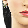 Oro Laminado Stud Earring, Gold Filled Style Butterfly and Baguette Design, with Green and White Cubic Zirconia, Polished, Golden Finish, 02.344.0180.1