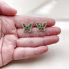 Oro Laminado Stud Earring, Gold Filled Style Butterfly and Baguette Design, with Green and White Cubic Zirconia, Polished, Golden Finish, 02.344.0180.1