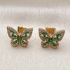 Oro Laminado Stud Earring, Gold Filled Style Butterfly and Baguette Design, with Green and White Cubic Zirconia, Polished, Golden Finish, 02.344.0180.1