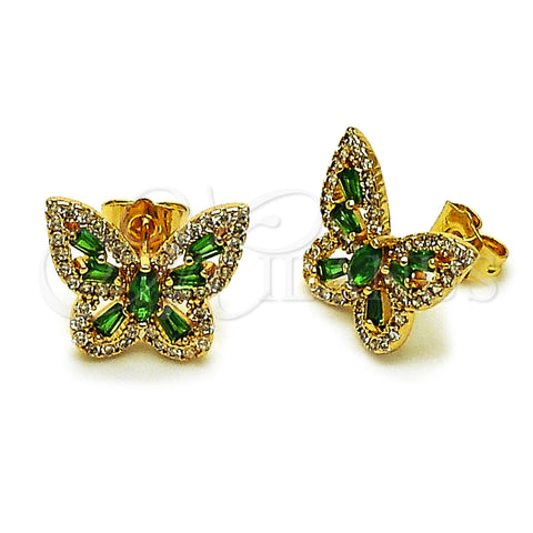 Oro Laminado Stud Earring, Gold Filled Style Butterfly and Baguette Design, with Green and White Cubic Zirconia, Polished, Golden Finish, 02.344.0180.1