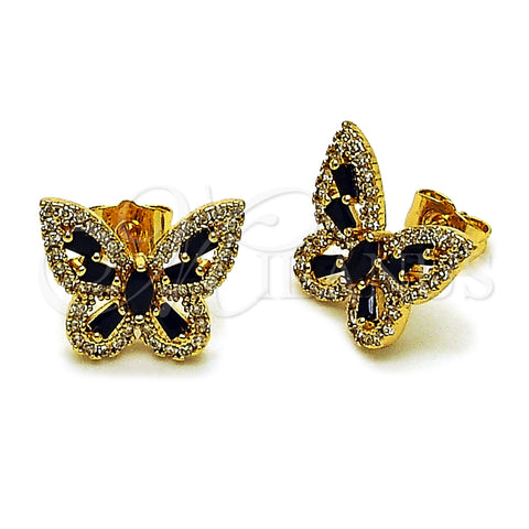 Oro Laminado Stud Earring, Gold Filled Style Butterfly and Baguette Design, with Black and White Cubic Zirconia, Polished, Golden Finish, 02.344.0180.2