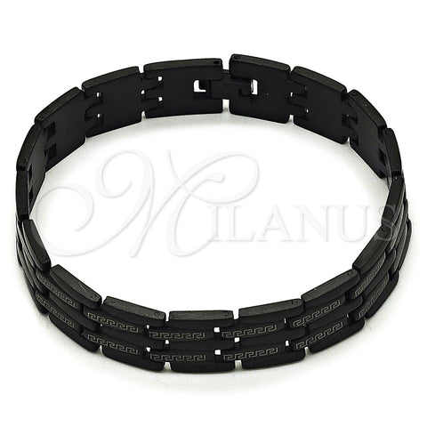 Stainless Steel Solid Bracelet, Greek Key Design, Polished, Black Rhodium Finish, 03.114.0218.7.09