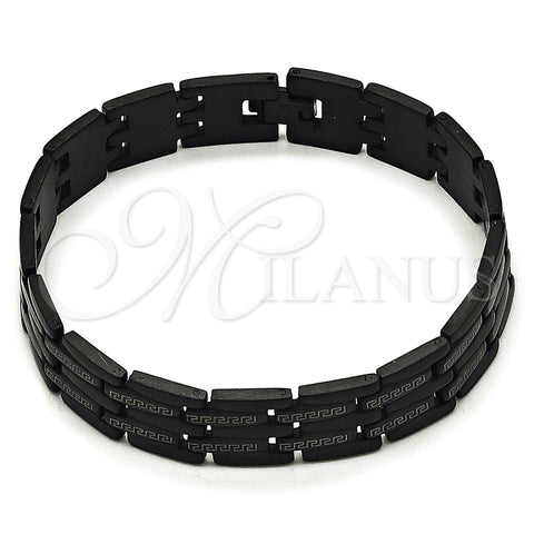 Stainless Steel Solid Bracelet, Greek Key Design, Polished, Black Rhodium Finish, 03.114.0218.7.09 (14 MM Thickness, 9 Inches Length)