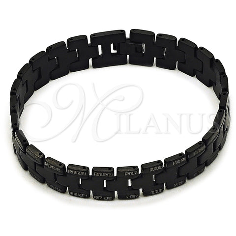 Stainless Steel Solid Bracelet, Greek Key Design, Polished, Black Rhodium Finish, 03.114.0307.2.08