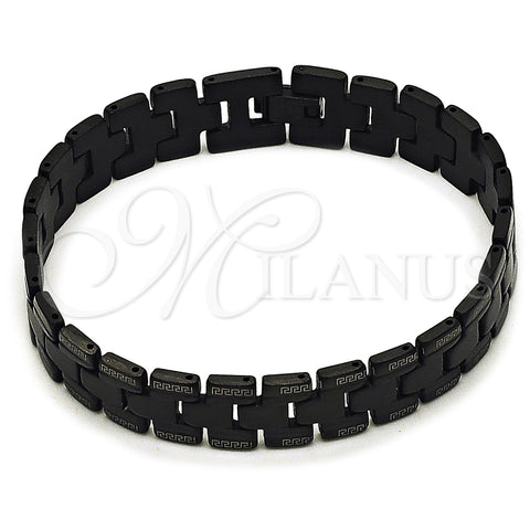 Stainless Steel Solid Bracelet, Greek Key Design, Polished, Black Rhodium Finish, 03.114.0307.2.08 (Thickness, 8 Inches Length)