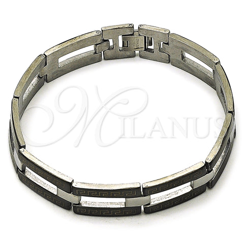 Stainless Steel Solid Bracelet, Greek Key Design, Polished, Two Tone, 03.114.0216.2.09 (14 MM Thickness, 9 Inches Length)