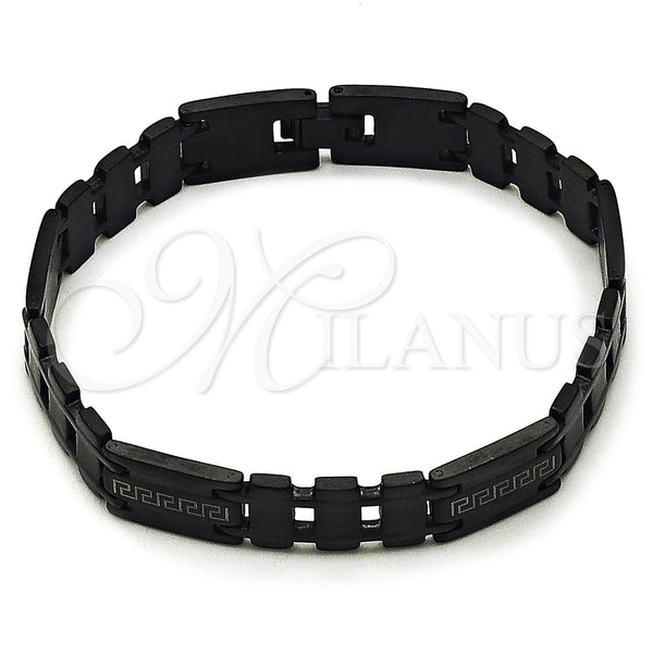 Stainless Steel Solid Bracelet, Greek Key Design, Polished, Black Rhodium Finish, 03.114.0311.3.09 (12 MM Thickness, 9 Inches Length)