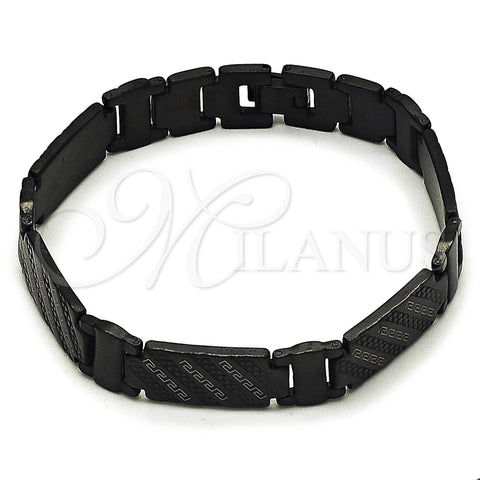 Stainless Steel Solid Bracelet, Greek Key Design, Polished, Black Rhodium Finish, 03.114.0330.4.08 (13 MM Thickness, 8 Inches Length)
