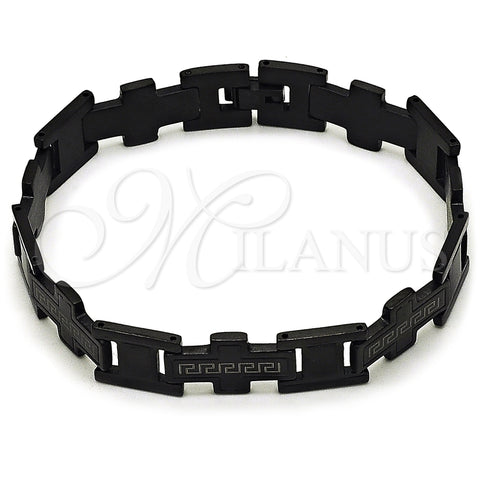 Stainless Steel Solid Bracelet, Greek Key and Cross Design, Polished, Black Rhodium Finish, 03.114.0419.09