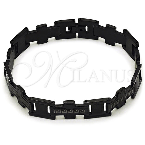 Stainless Steel Solid Bracelet, Greek Key and Cross Design, Polished, Black Rhodium Finish, 03.114.0419.09 (13 MM Thickness, 9 Inches Length)