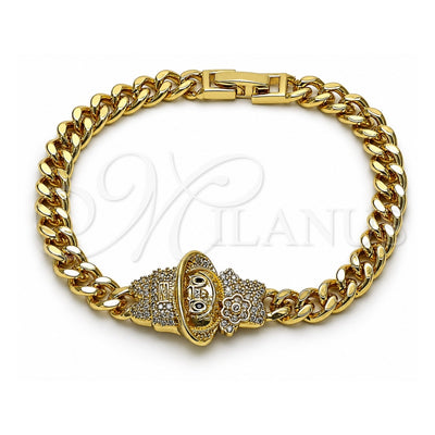 Oro Laminado Fancy Bracelet, Gold Filled Style Little Girl and Miami Cuban Design, with White and Black Cubic Zirconia, Polished, Golden Finish, 03.283.0508.07 (Thickness, 8 Inches Length)