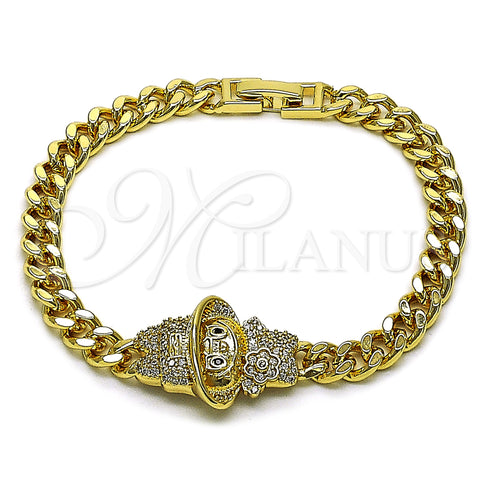 Oro Laminado Fancy Bracelet, Gold Filled Style Little Girl and Miami Cuban Design, with White and Black Cubic Zirconia, Polished, Golden Finish, 03.283.0508.07 (Thickness, 8 Inches Length)