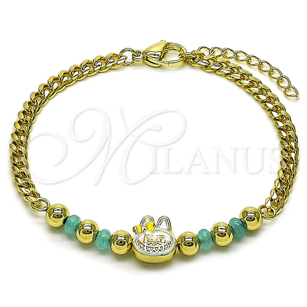 Oro Laminado Fancy Bracelet, Gold Filled Style Little Girl and Miami Cuban Design, with Turquoise Crystal, Turquoise Enamel Finish, Golden Finish, 03.213.0392.07