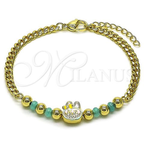 Oro Laminado Fancy Bracelet, Gold Filled Style Little Girl and Miami Cuban Design, with Turquoise Crystal, Turquoise Enamel Finish, Golden Finish, 03.213.0392.07