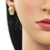 Oro Laminado Stud Earring, Gold Filled Style with White Cubic Zirconia, Pink Enamel Finish, Golden Finish, 02.282.0080