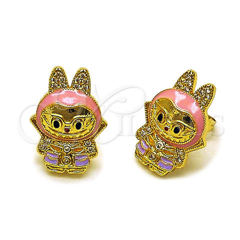 Oro Laminado Stud Earring, Gold Filled Style with White Cubic Zirconia, Pink Enamel Finish, Golden Finish, 02.282.0080