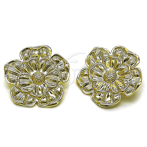 Oro Laminado Stud Earring, Gold Filled Style Flower Design, Diamond Cutting Finish, Golden Finish, 02.385.0076