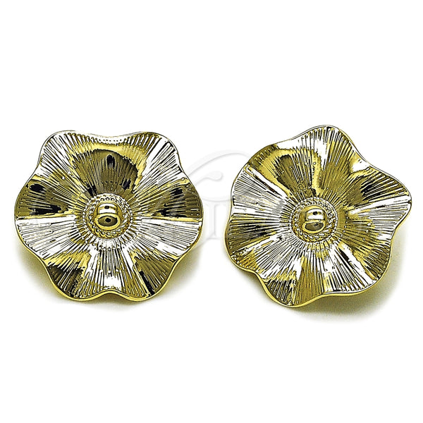 Oro Laminado Stud Earring, Gold Filled Style Leaf and Flower Design, Diamond Cutting Finish, Golden Finish, 02.385.0079