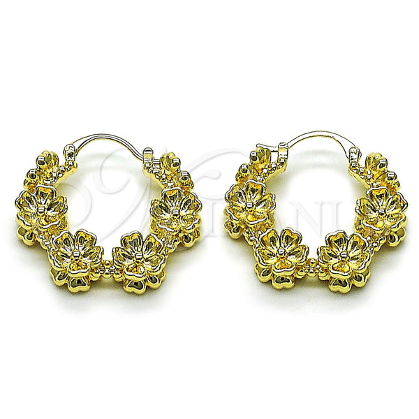 Gold Filled Hoop Earrings — Medium Hoop Flower Design Polished 02. — main product view — SKU 162119 | Oro Laminado aretes de aro — Medium Hoop flor diseño pulido 02. — SKU 162119