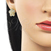 Oro Laminado Stud Earring, Gold Filled Style Star and Flower Design, Diamond Cutting Finish, Golden Finish, 02.195.0369