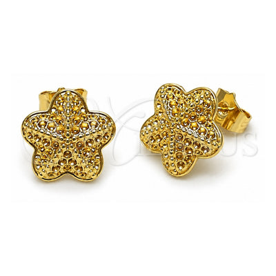 Oro Laminado Stud Earring, Gold Filled Style Star and Flower Design, Diamond Cutting Finish, Golden Finish, 02.195.0369