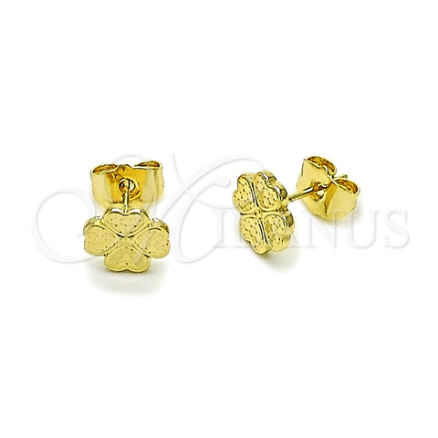 Oro Laminado Stud Earring, Gold Filled Style Four-leaf Clover Design, Diamond Cutting Finish, Golden Finish, 02.412.0006