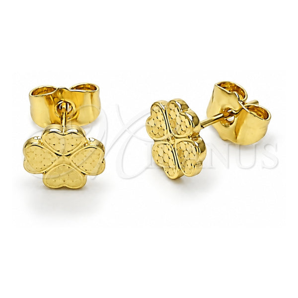 Oro Laminado Stud Earring, Gold Filled Style Four-leaf Clover Design, Diamond Cutting Finish, Golden Finish, 02.412.0006