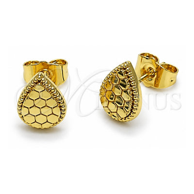 Oro Laminado Stud Earring, Gold Filled Style Teardrop Design, Diamond Cutting Finish, Golden Finish, 02.412.0009
