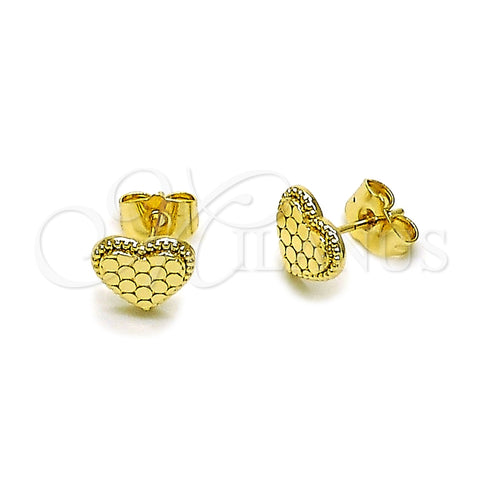 Oro Laminado Stud Earring, Gold Filled Style Heart Design, Diamond Cutting Finish, Golden Finish, 02.412.0011