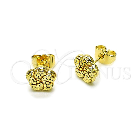 Oro Laminado Stud Earring, Gold Filled Style Flower Design, Diamond Cutting Finish, Golden Finish, 02.412.0012