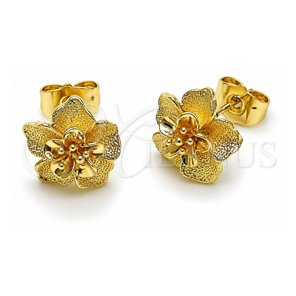 Oro Laminado Stud Earring, Gold Filled Style Flower Design, Matte Finish, Golden Finish, 02.412.0013
