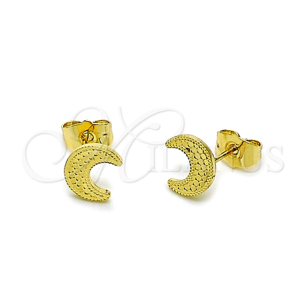 Oro Laminado Stud Earring, Gold Filled Style Moon Design, Diamond Cutting Finish, Golden Finish, 02.412.0016