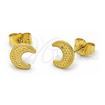 Oro Laminado Stud Earring, Gold Filled Style Moon Design, Diamond Cutting Finish, Golden Finish, 02.412.0016