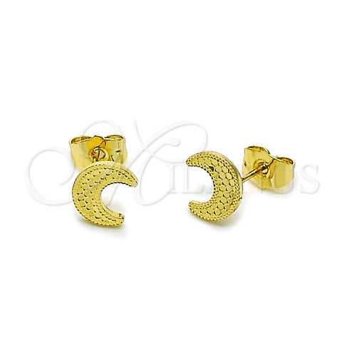 Oro Laminado Stud Earring, Gold Filled Style Moon Design, Diamond Cutting Finish, Golden Finish, 02.412.0016