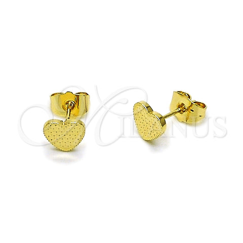 Oro Laminado Stud Earring, Gold Filled Style Heart Design, Diamond Cutting Finish, Golden Finish, 02.412.0017
