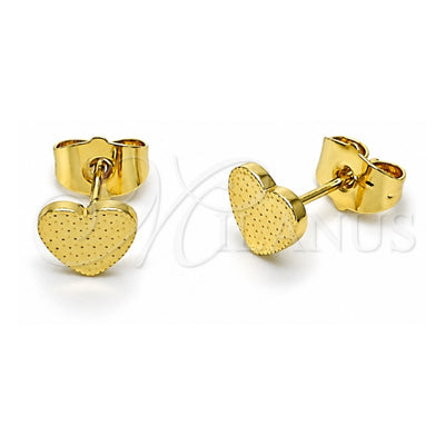 Oro Laminado Stud Earring, Gold Filled Style Heart Design, Diamond Cutting Finish, Golden Finish, 02.412.0017