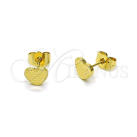 Oro Laminado Stud Earring, Gold Filled Style Heart Design, Diamond Cutting Finish, Golden Finish, 02.412.0017