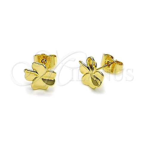 Oro Laminado Stud Earring, Gold Filled Style Four-leaf Clover and Heart Design, Polished, Golden Finish, 02.412.0018