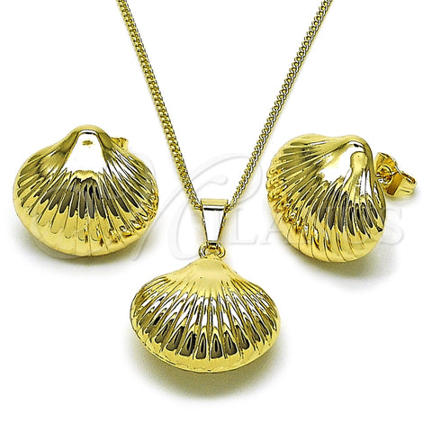 Oro Laminado Earring and Pendant Adult Set, Gold Filled Style Shell and Hollow Design, Polished, Golden Finish, 10.163.0041