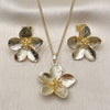 Oro Laminado Earring and Pendant Adult Set, Gold Filled Style Flower Design, Diamond Cutting Finish, Golden Finish, 10.163.0042