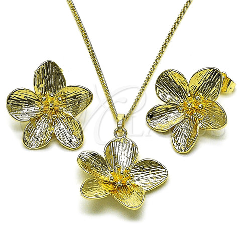 Oro Laminado Earring and Pendant Adult Set, Gold Filled Style Flower Design, Diamond Cutting Finish, Golden Finish, 10.163.0042