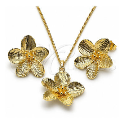 Oro Laminado Earring and Pendant Adult Set, Gold Filled Style Flower Design, Diamond Cutting Finish, Golden Finish, 10.163.0042