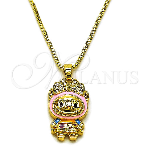 Oro Laminado Pendant Necklace, Gold Filled Style Box and Bow Design, with White Cubic Zirconia, Dark Pink Enamel Finish, Golden Finish, 04.156.0468.2.18