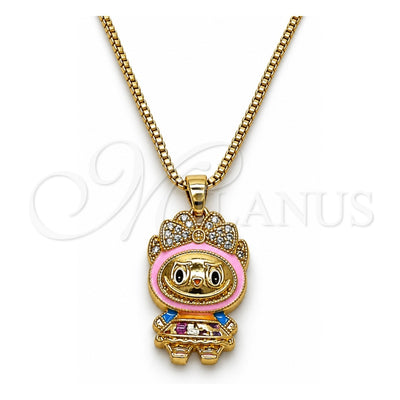 Oro Laminado Pendant Necklace, Gold Filled Style Box and Bow Design, with White Cubic Zirconia, Dark Pink Enamel Finish, Golden Finish, 04.156.0468.2.18 (01 MM Thickness, 18 Inches Length)