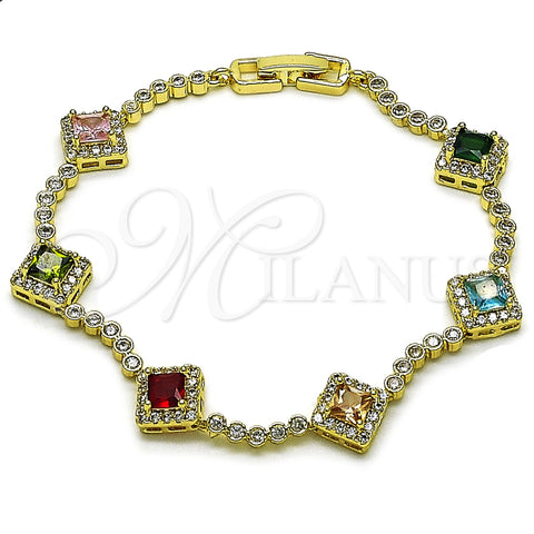 Oro Laminado Tennis Bracelet, Gold Filled Style Cluster Design, with Multicolor and White Cubic Zirconia, Polished, Golden Finish, 03.266.0035.1.08