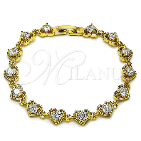 Oro Laminado Tennis Bracelet, Gold Filled Style Heart Design, with White Cubic Zirconia, Polished, Golden Finish, 03.266.0037.07 (Thickness, 8 Inches Length)