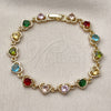 Oro Laminado Tennis Bracelet, Gold Filled Style Heart Design, with Multicolor Cubic Zirconia, Polished, Golden Finish, 03.266.0037.107