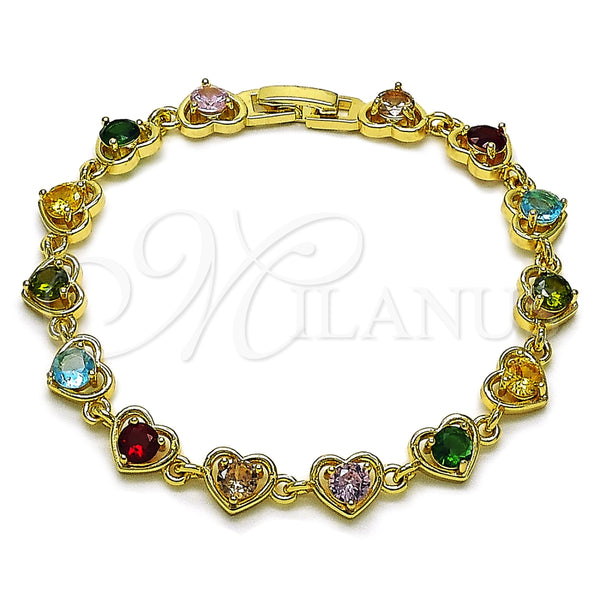 Oro Laminado Tennis Bracelet, Gold Filled Style Heart Design, with Multicolor Cubic Zirconia, Polished, Golden Finish, 03.266.0037.107